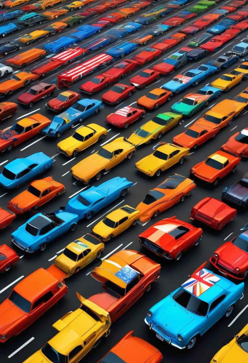 A vibrant world map made of colorful car silhouettes representing different cultures and regions, with diverse vehicle enthusiasts joyfully engaging around classic cars and modern vehicles, sharing stories and experiences. Background filled with racing flags and tire tracks that symbolize unity in car culture. super-realistic. vibrant colors. 3D.
