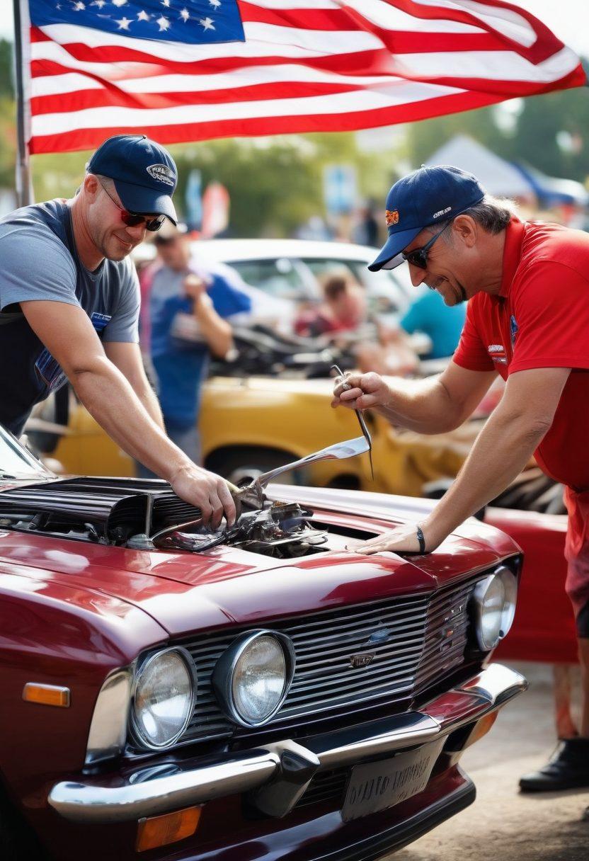 A vibrant community of automotive enthusiasts gathered around classic cars, showcasing diverse repairs and modifications. Include detailed close-ups of wrenching hands, gleaming tools, and various car parts, with a backdrop of a lively rally filled with colorful flags and excited faces. Capture the essence of teamwork, passion, and camaraderie in the automotive world. bright colors. super-realistic. dynamic composition.